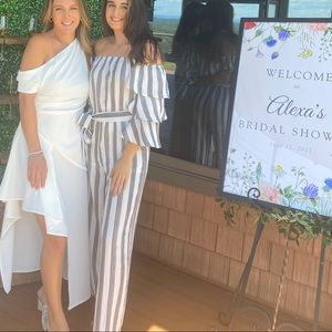 Flying Tomato white and black striped off the shoulder jumpsuit